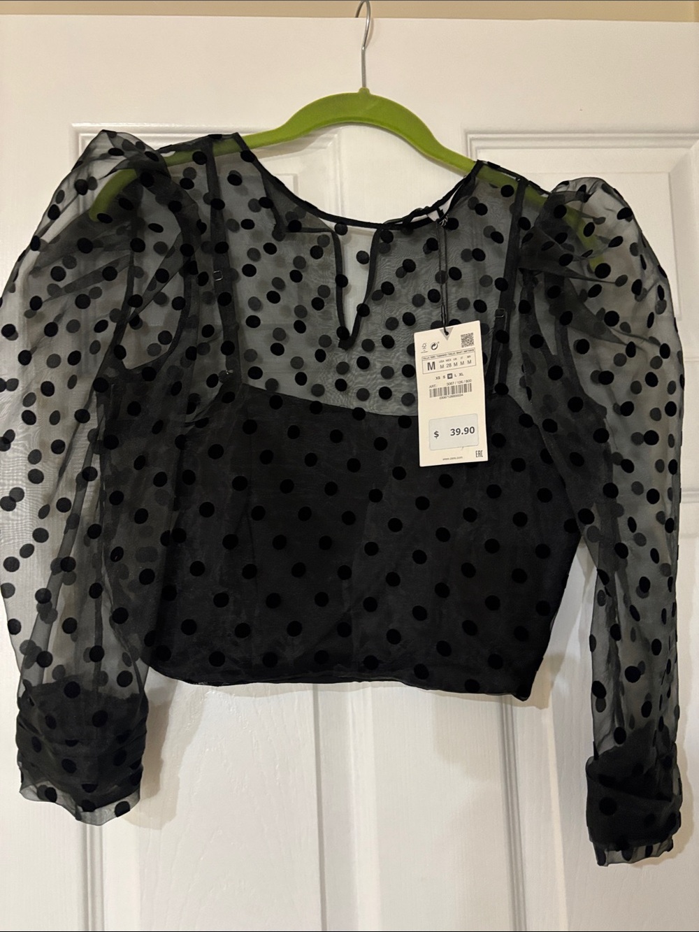 Zara Black Sheer Polka Dot Puff Sleeve Crop Top